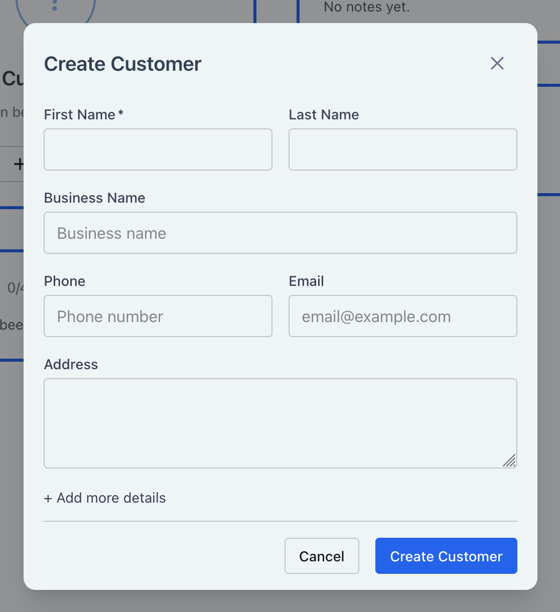 Create Customer form with contact fields and the Create Customer button