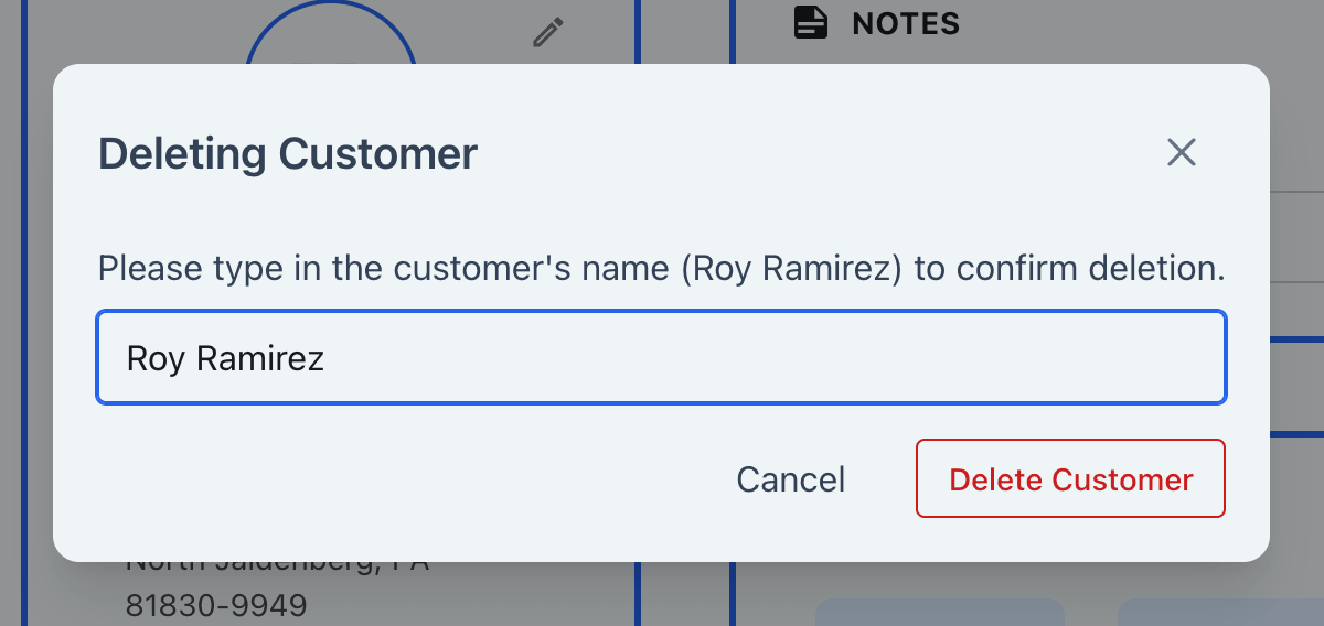 Deleting Customer confirmation dialog with the customer's name entered