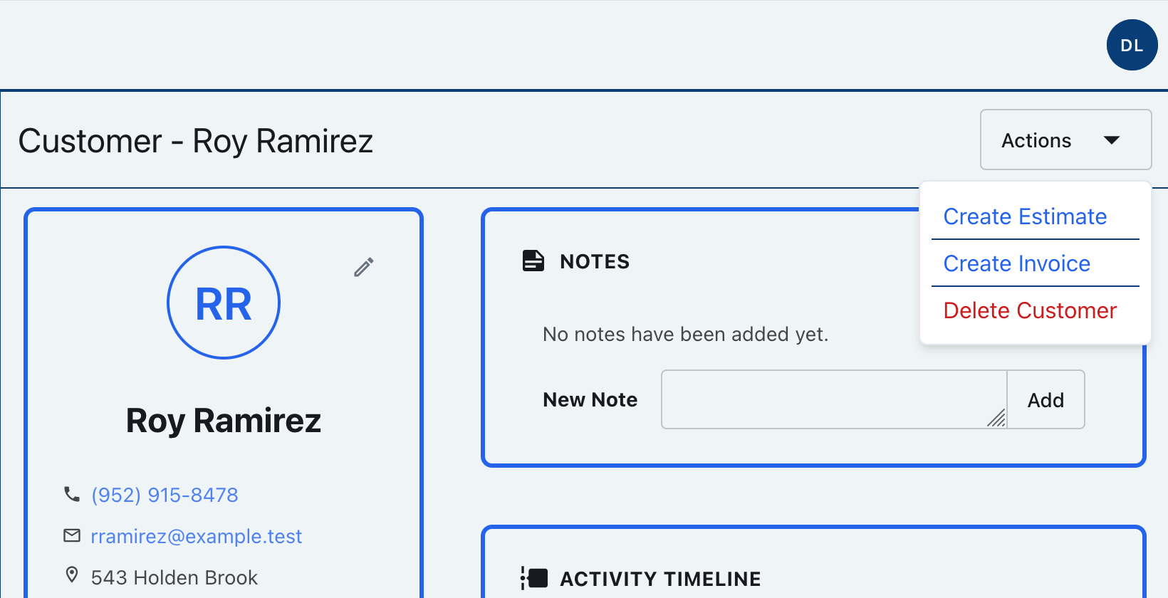 Customer detail page with the Actions menu open and Delete Customer visible