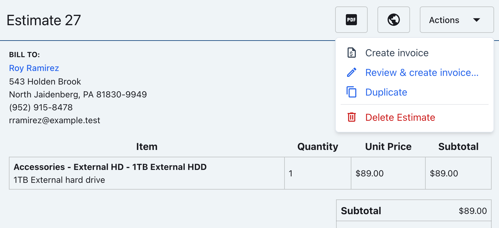 Estimate Actions menu with Duplicate visible