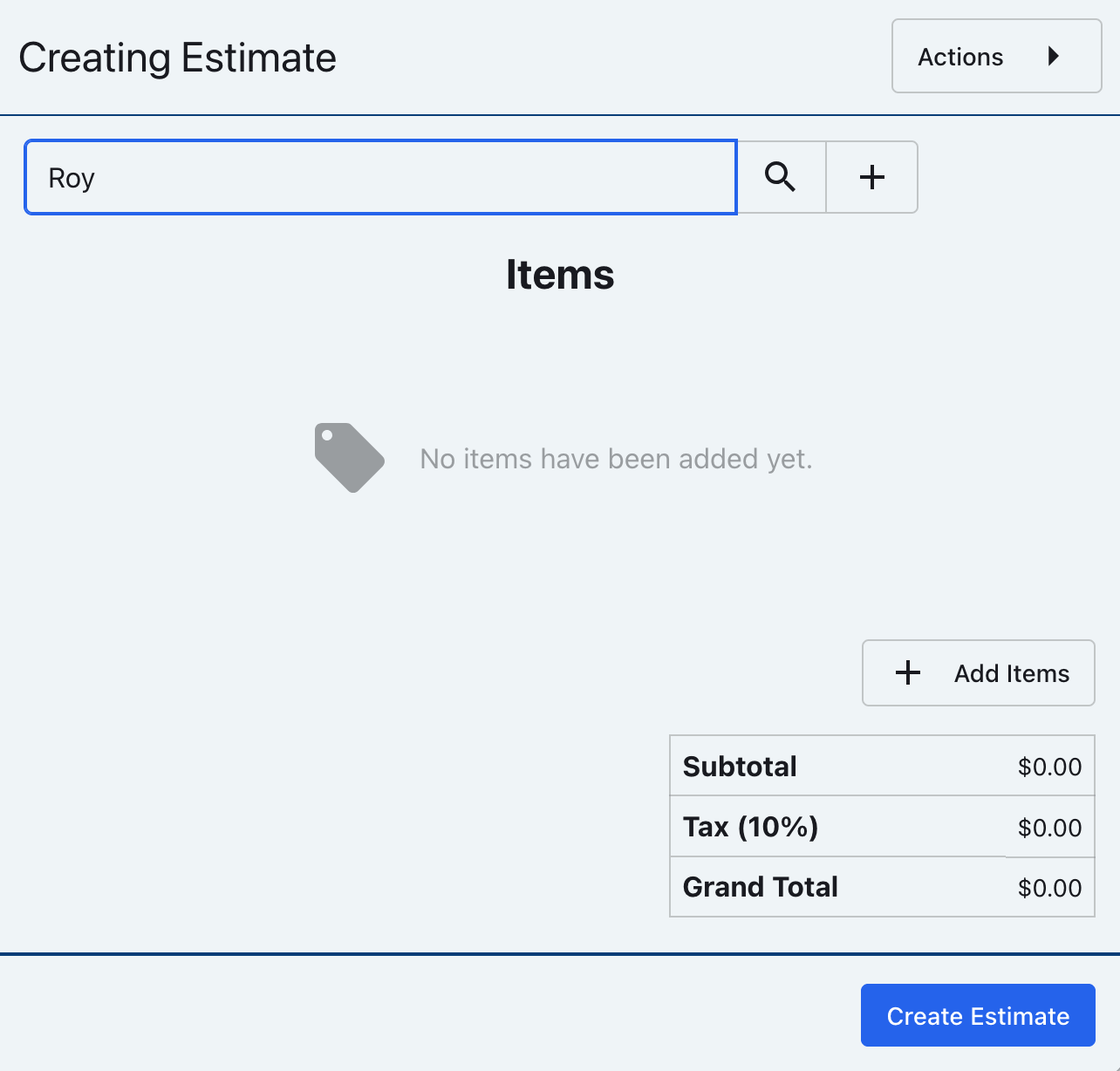 New estimate form with a customer search field and estimate details