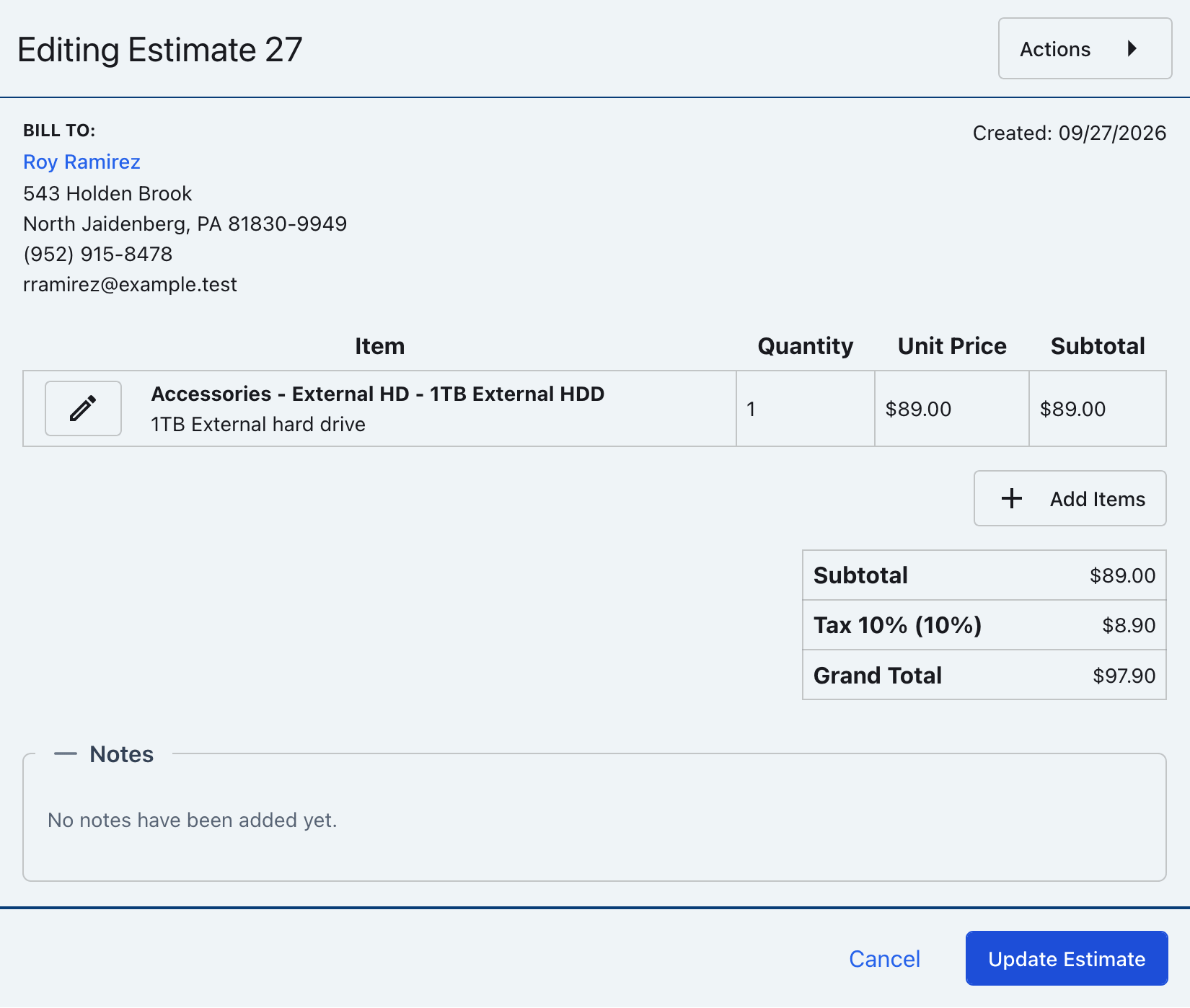 Estimate edit form with the Update Estimate button visible