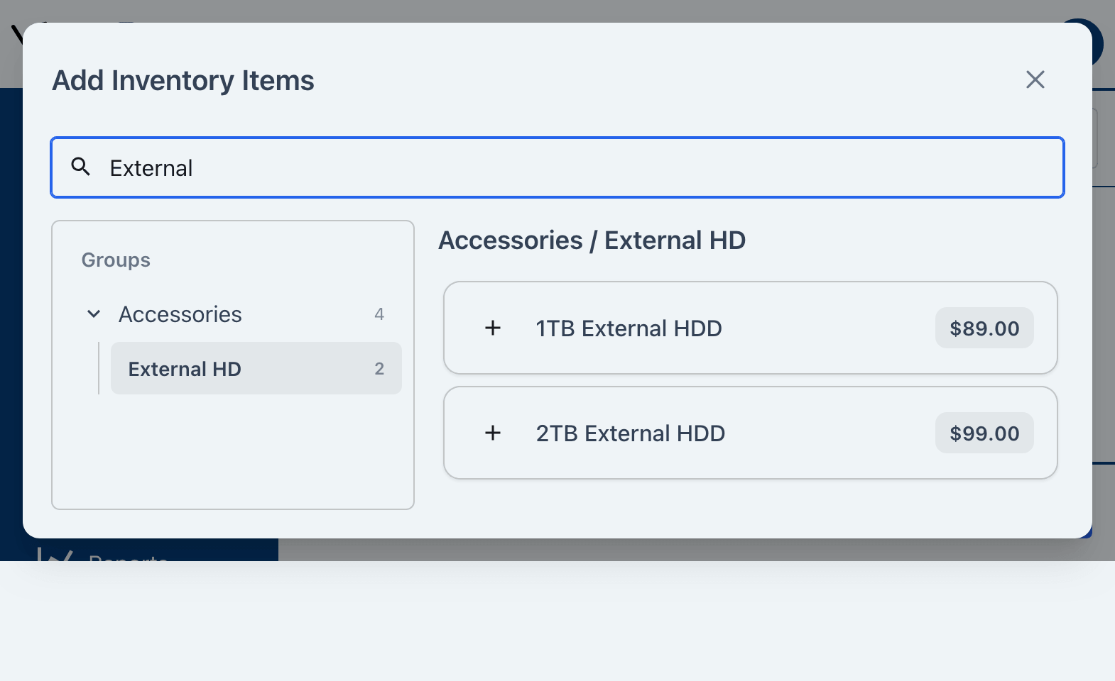 Add Inventory Items dialog with inventory search results