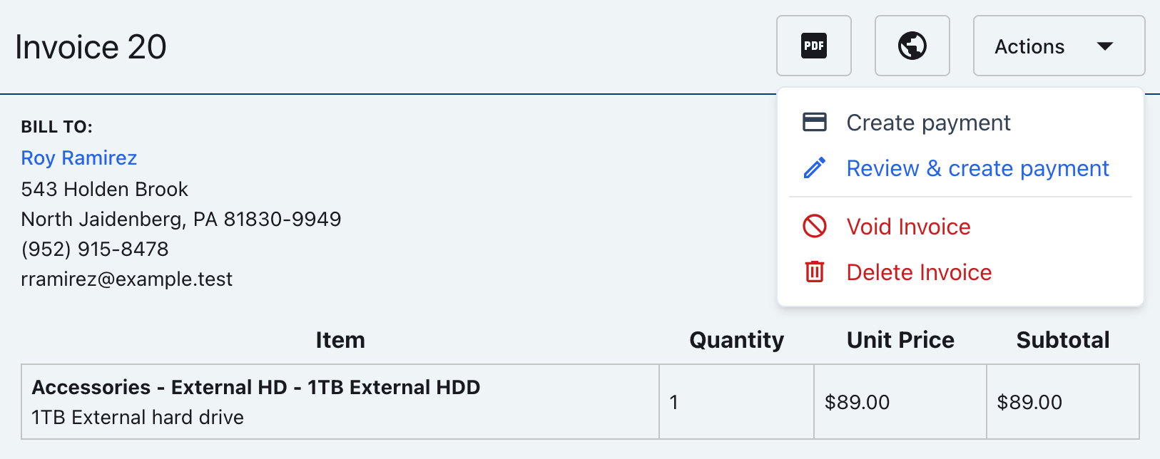 Invoice Actions menu with Void Invoice visible