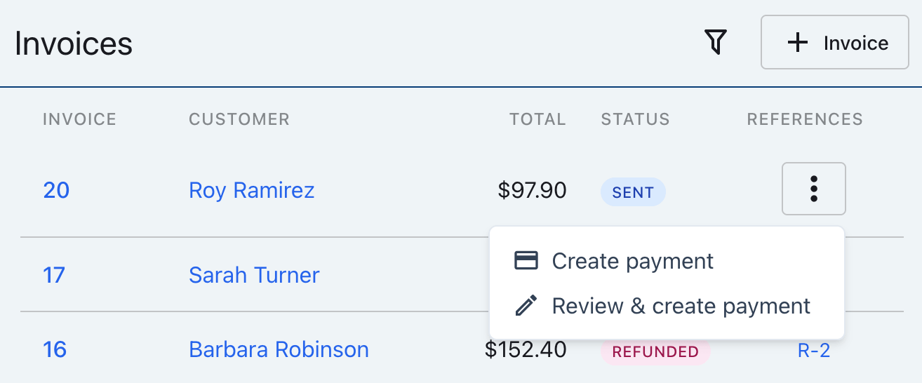Invoice list with payment creation options open for an invoice