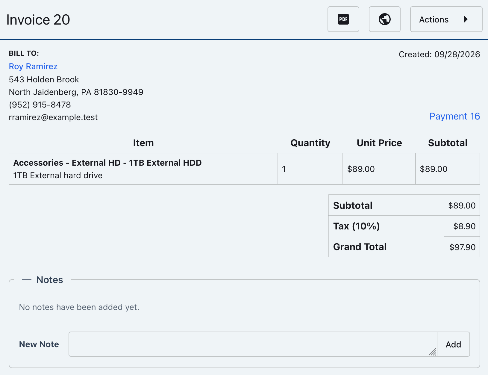 Invoice details page with Payment 16 reference visible