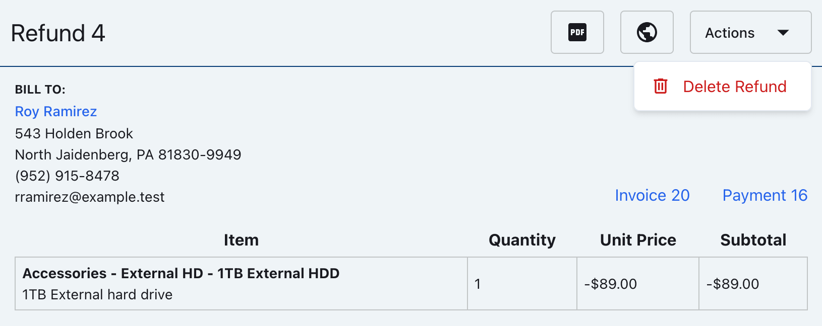 Refund Actions menu with Delete Refund visible