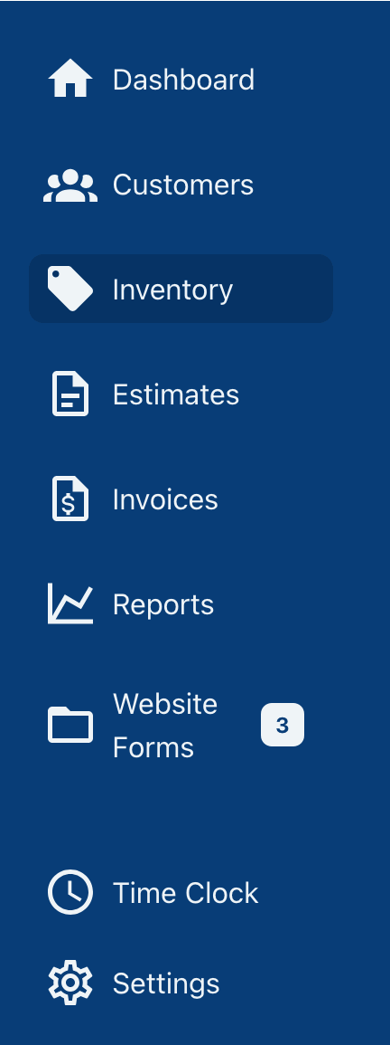 YourBiz main navigation with Inventory highlighted