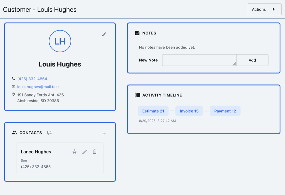 YourBiz customer profile showing contact details, history, and account activity