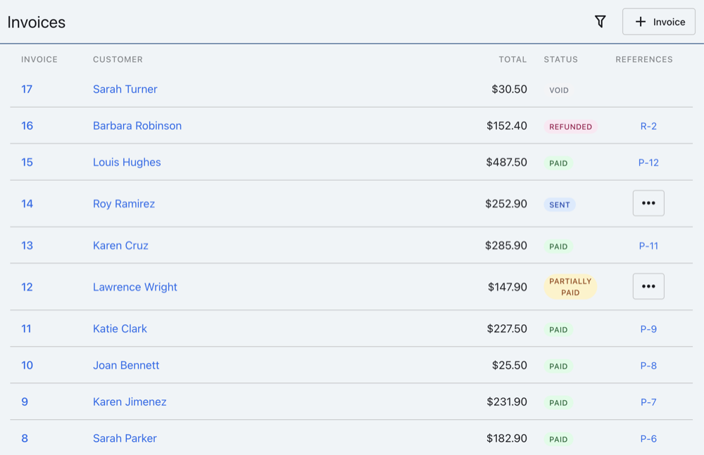 YourBiz invoice center showing invoice statuses and financial totals