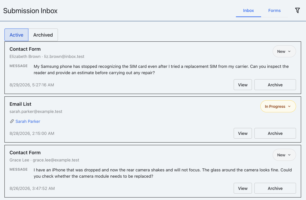 YourBiz contact form submissions list showing incoming customer requests